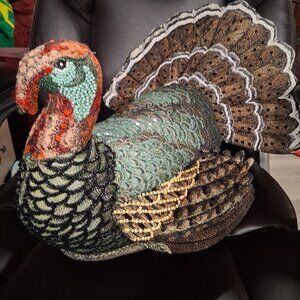 John Derian 2024 15x17 Beaded Sequins Thanksgiving Turkey Novelty Plush Pillow
